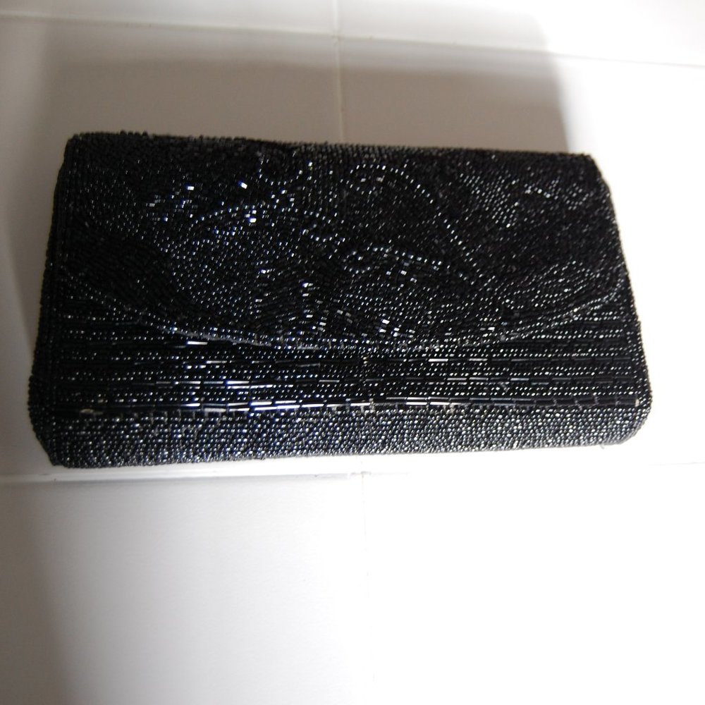 Black Beaded Evening Clutch  No Tag  Hand Held